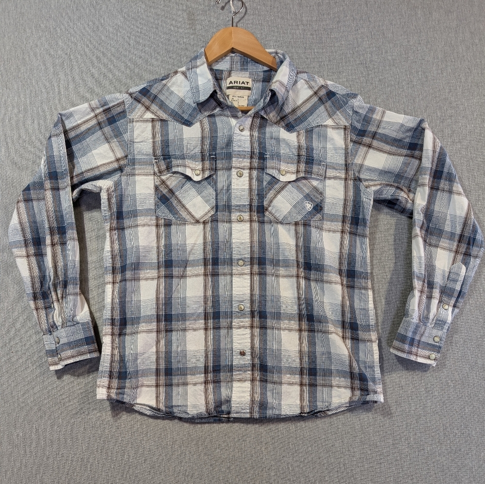 Ariat Retro Fit Plaid Shirt Men's Large Blue White Brown Snap